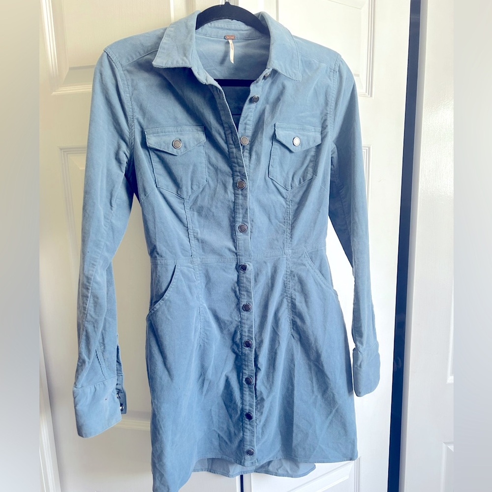 Free People Blue Corduroy Long Sleeve Dress